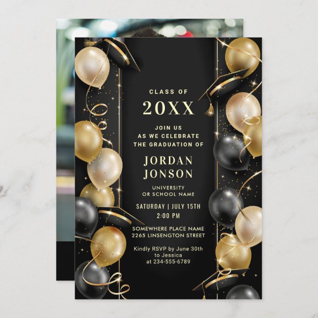 Modern Golden Black Graduation Party Photo Invitation (Front/Back)