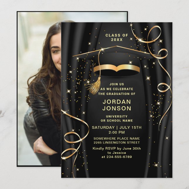 Modern Golden Black Graduation Party Photo Invitation (Front/Back)