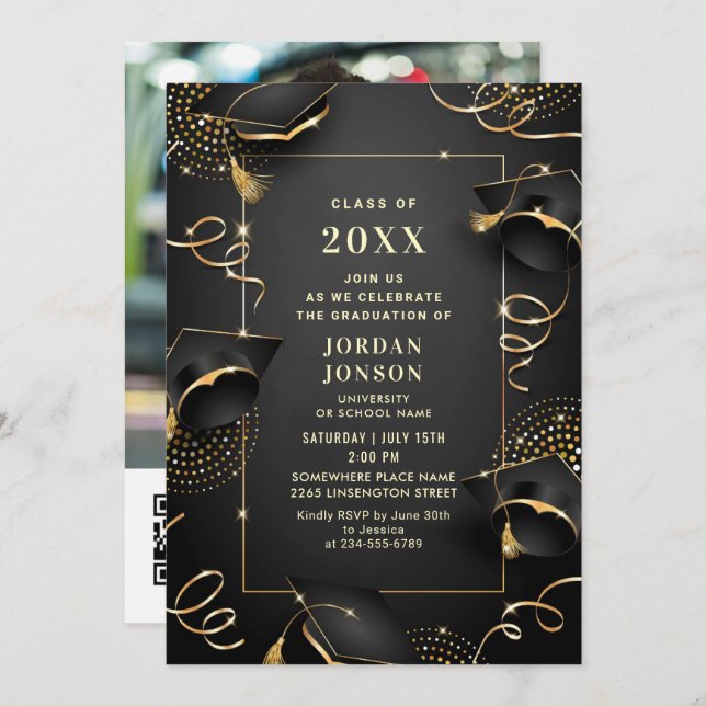 Modern Golden Black Graduation Party Photo QR code Invitation (Front/Back)