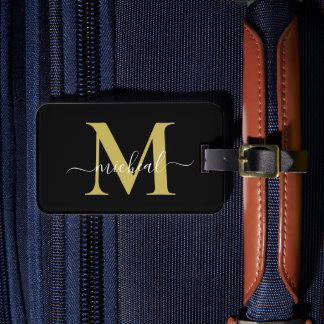 Modern Golden & Black Monogram Script Name Luggage Tag
