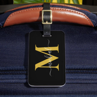 Modern Golden & Black Monogram Script Name Luggage Tag