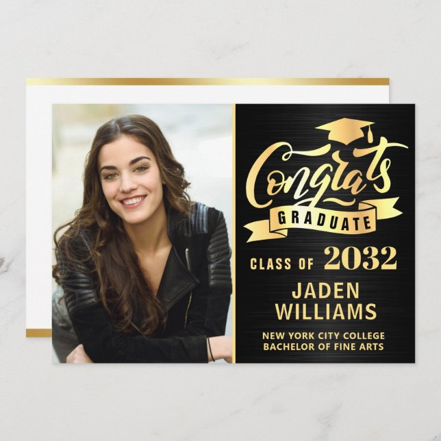 Modern Golden Black PHOTO Graduation Invitation (Front/Back)