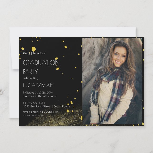 Modern Golden Black Photo Graduation Party  Invitation (Front)