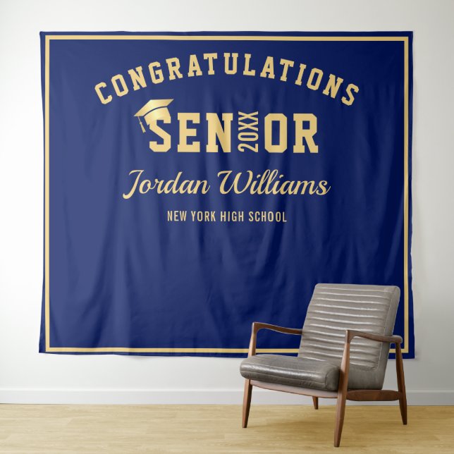 Modern Golden Blue Graduation Photo Booth Backdrop Tapestry (In Situ (Horizontal))