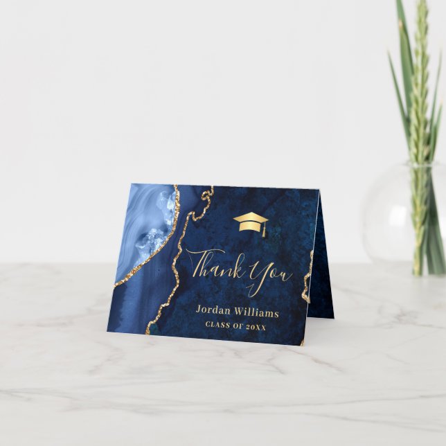 Modern Golden Blue Marble Agate Graduation Party Thank You Card (Front)