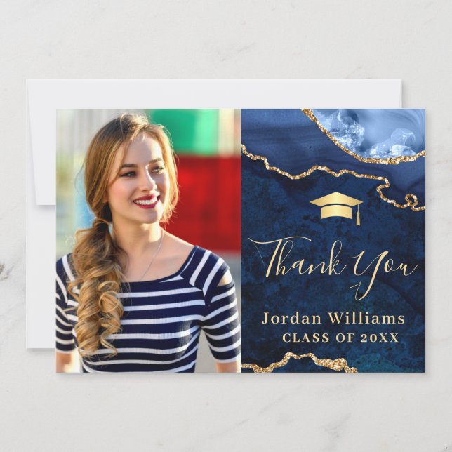 Modern Golden Blue Marble Agate Graduation Thank You Card (Front)