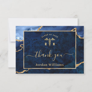 Modern Golden Blue Marble Agate RN Graduation Thank You Card