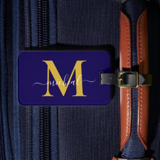 Modern Golden & Blue Monogram Script Name Luggage Tag