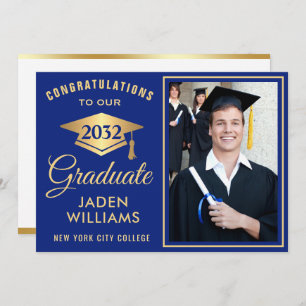 Modern Golden Blue PHOTO Graduation Invitation