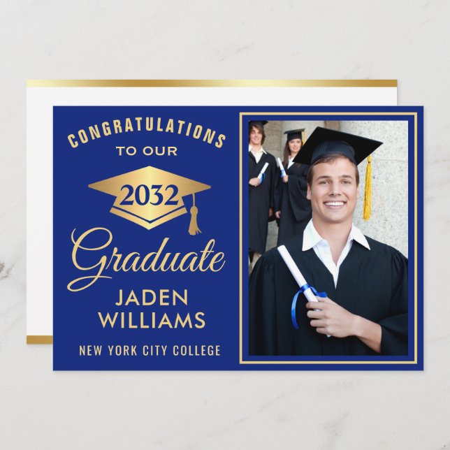 Modern Golden Blue PHOTO Graduation Invitation (Front/Back)