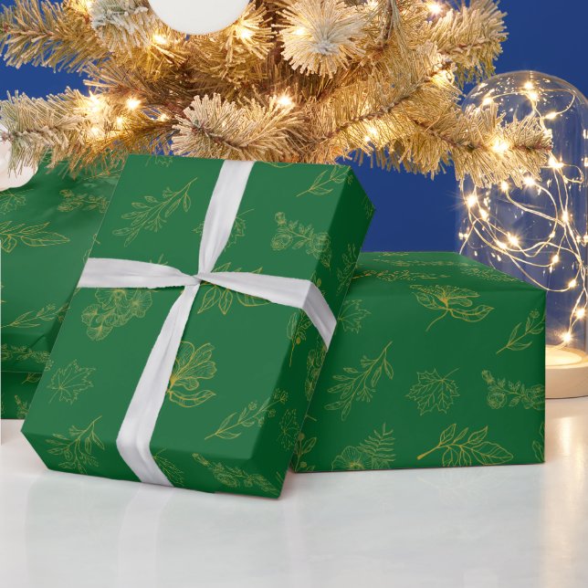Modern Golden Botanical Dark Green Wrapping Paper (Holidays)