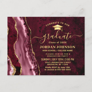 Modern Golden Burgundy Graduation Party Invitation Postcard
