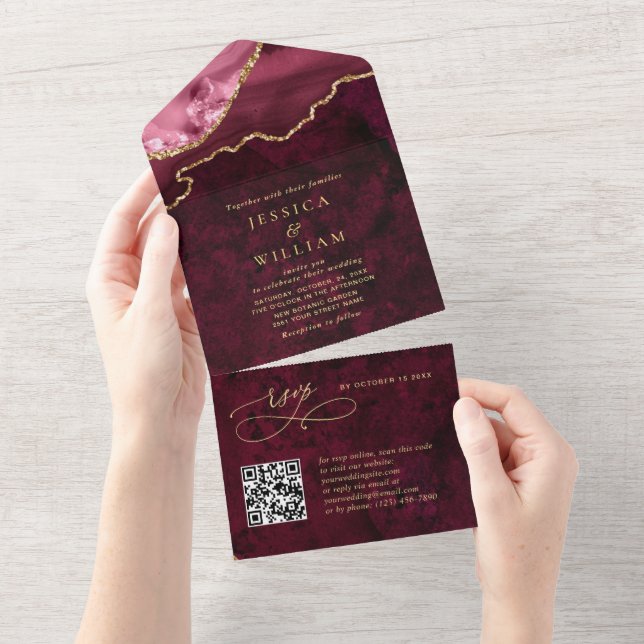 Modern Golden Burgundy Marble Agate Wedding All In One Invitation (Tearaway)