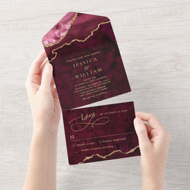 Modern Golden Burgundy Marble Agate Wedding All In One Invitation (Tearaway)