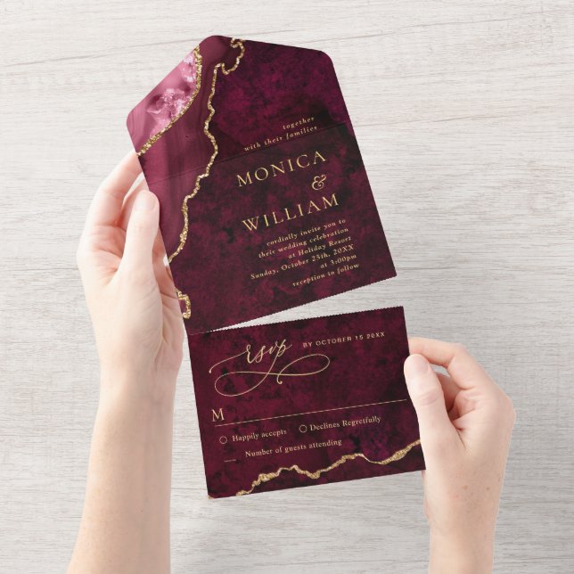 Modern Golden Burgundy Marble Agate Wedding All In One Invitation (Tearaway)