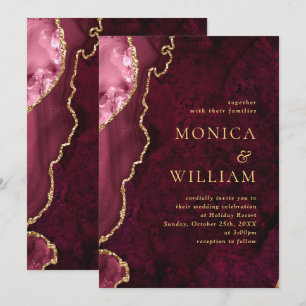 Modern Golden Burgundy Marble Agate Wedding Invitation