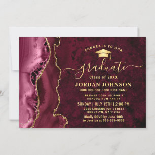Modern Golden Burgundy Marble Graduation Party Invitation