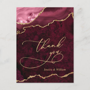 Modern Golden Burgundy Marble Wedding Thank You Postcard