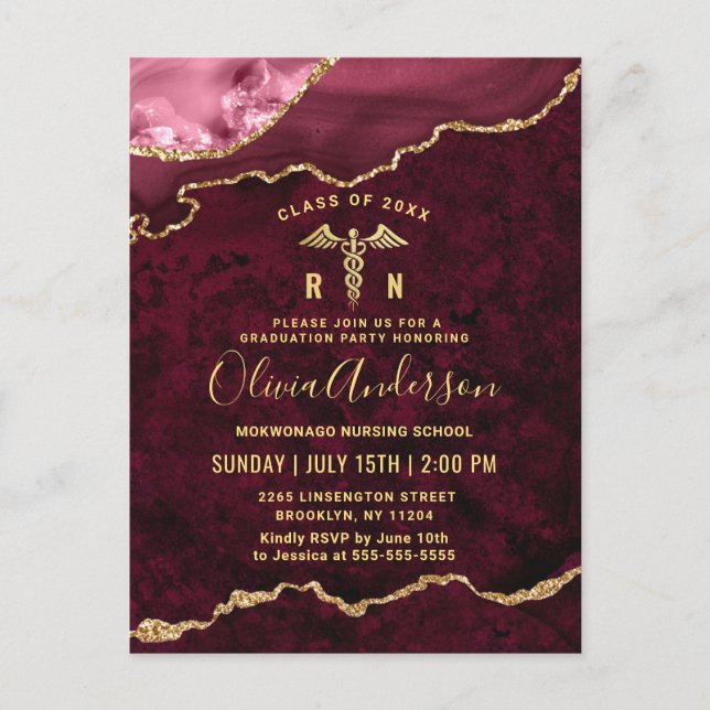 Modern Golden Burgundy RN Graduation Party Announcement Postcard (Front)