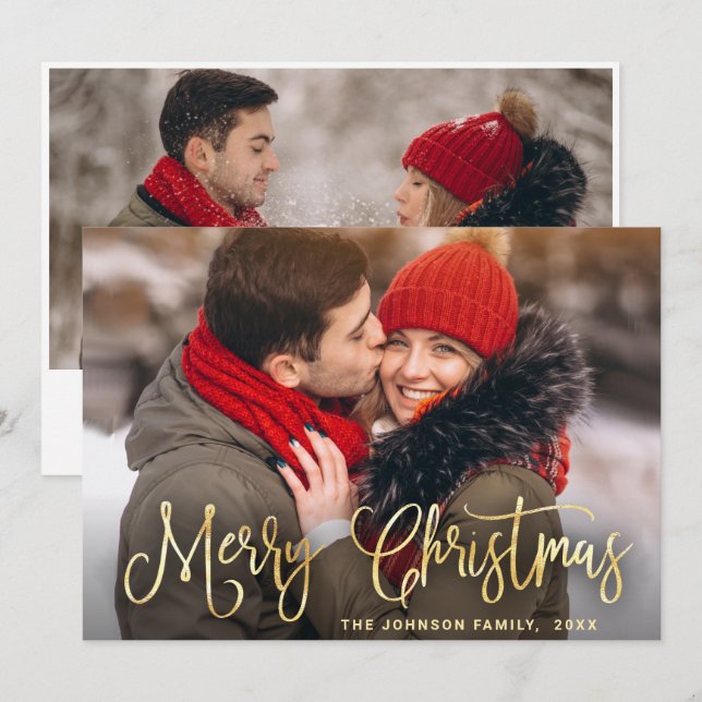 Modern Golden Christmas 2 PHOTO Greeting Holiday Card (Front/Back)