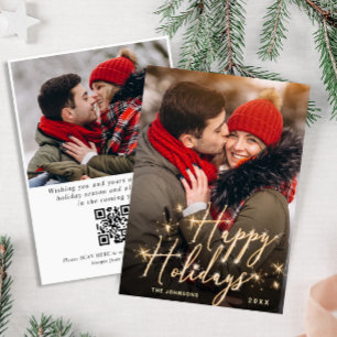 Modern Golden Christmas 2 PHOTO QR code Holiday Card