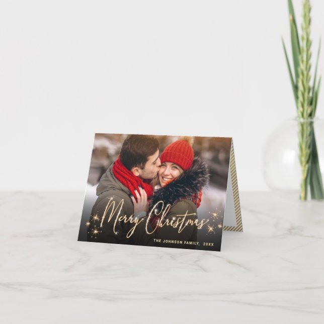 Modern Golden Christmas 3 PHOTO Greeting Holiday Card (Front)