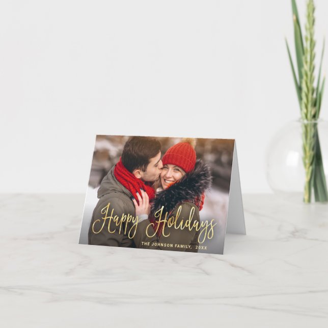 Modern Golden Christmas 4 PHOTO Greeting Holiday Card (Front)