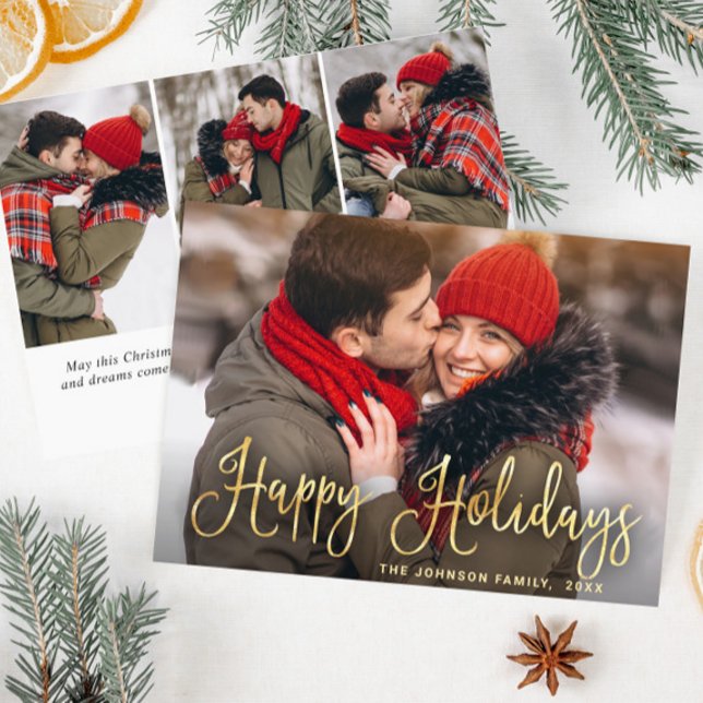 Modern Golden Christmas 4 PHOTO Greeting Holiday Card (Creator Uploaded)