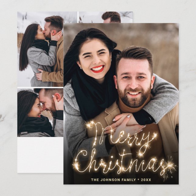 Modern Golden Christmas 5 PHOTO Greeting Holiday Card (Front/Back)