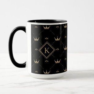 Modern Golden Crown Pattern Monogram Initial Black Mug