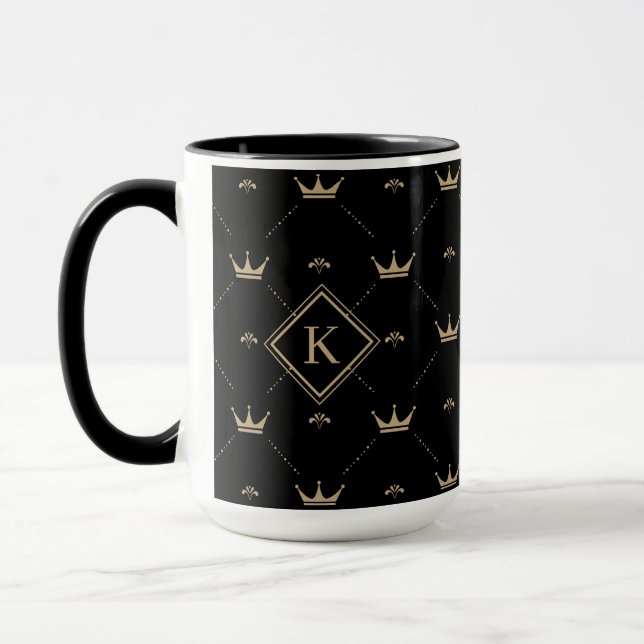 Modern Golden Crown Pattern Monogram Initial Black Mug (Left)