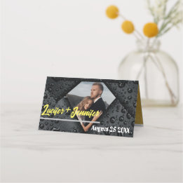 Modern Golden Diamond Wedding Custom Photo Folded Place Card