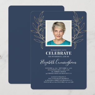 Modern Golden Foliage Leaves Photo Memorial Invitation