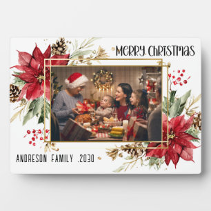 Modern golden Frame Floral Merry Christmas Photo