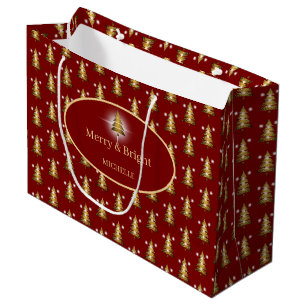Modern Golden Glitter Red Christmas Tree Large Gift Bag