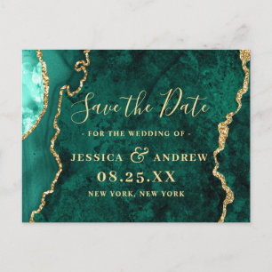 Modern Golden Green Agate Marble Save the Date Announcement Postcard