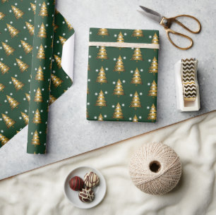 Modern Golden Green Christmas Tree Wrapping Paper