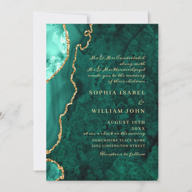 Modern Golden Green Marble Agate Wedding Invitation (Front)