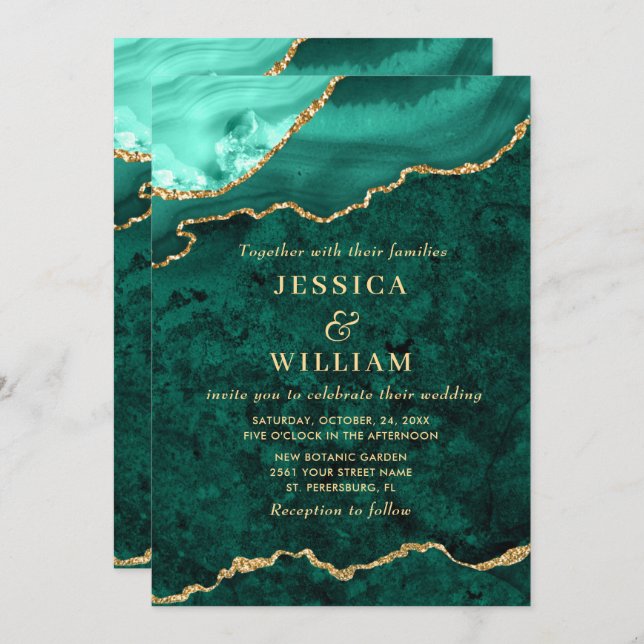 Modern Golden Green Marble Agate Wedding Invitation (Front/Back)