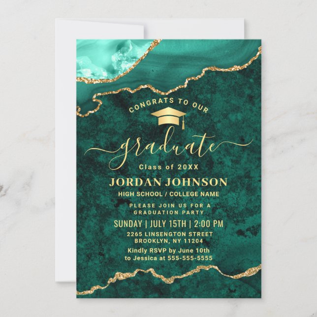Modern Golden Green Marble Graduation Party Invitation (Front)