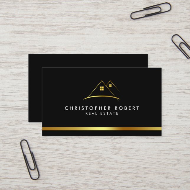 Modern Golden House Logo Real Estate Business Card (Front/Back In Situ)