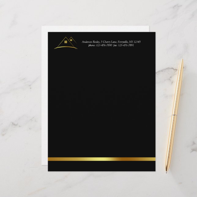 Modern Golden House Logo Real Estate Custom Letterhead (Front/Back In Situ)