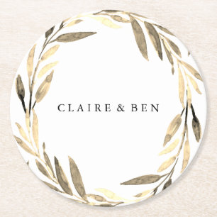 Modern Golden Leaf Wreath Wedding Engagement Party Round Paper Coaster