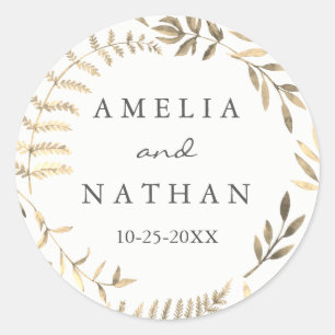 Modern Golden Leaf Wreath Wedding Sticker