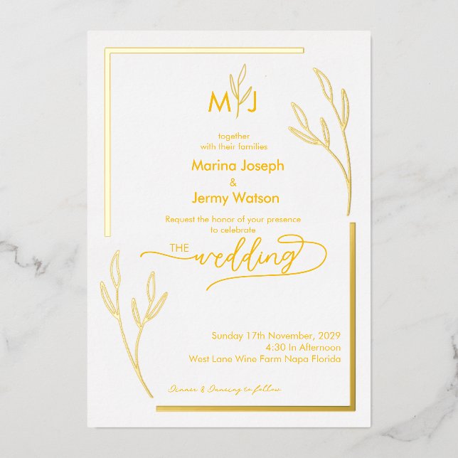 Modern Golden Leaflet Border Monogram Scripted  (Front)
