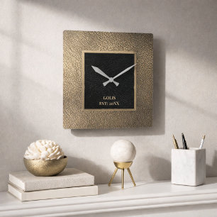 Modern Golden-Leather& Black Minimalist Square Wall Clock