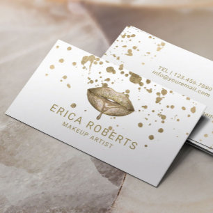 Modern Golden Lips Gold Splatter Makeup Artist Business Card