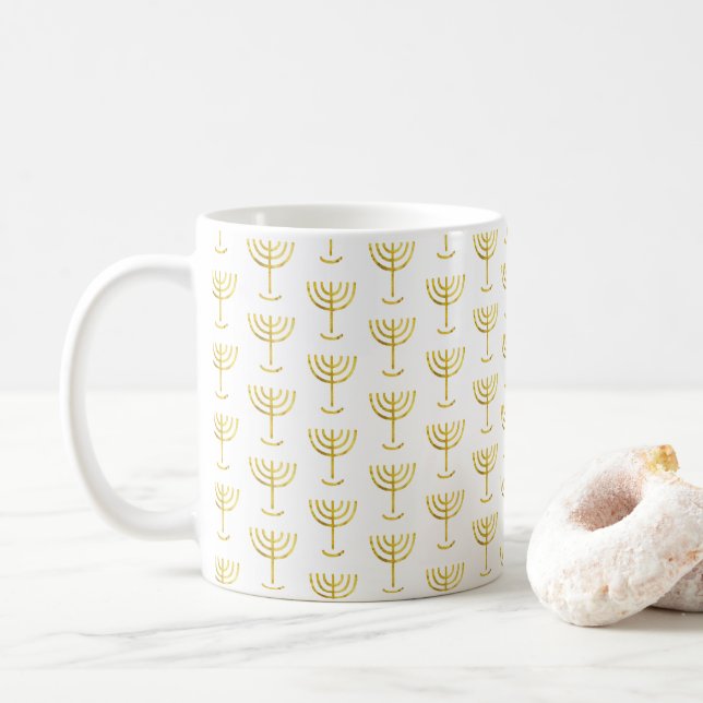 Modern Golden Menorah Pattern Coffee Mug (With Donut)