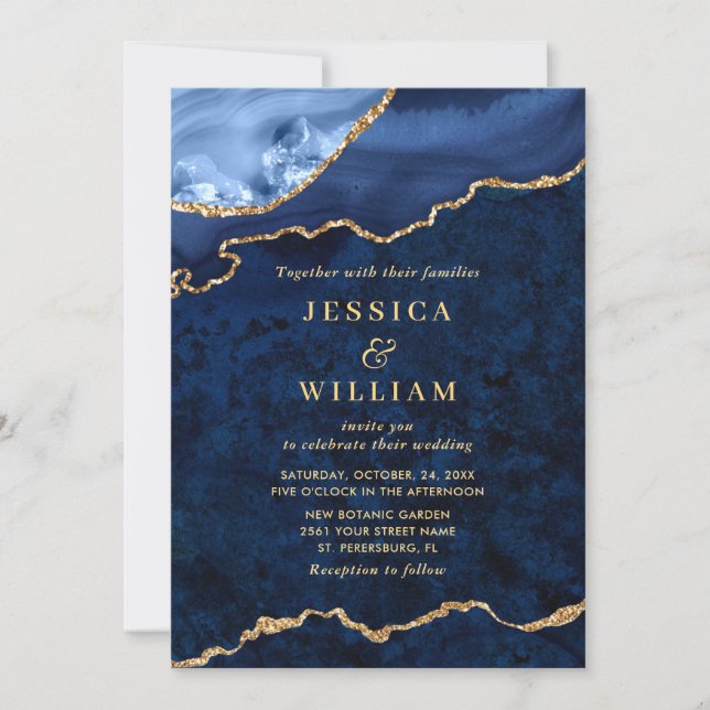 Modern Golden Navy Blue Marble Agate Wedding Invitation (Front)