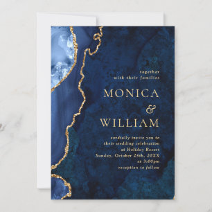 Modern Golden Navy Blue Marble Agate Wedding Invitation